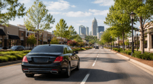 Black car service driving through Concord and the Charlotte metro area