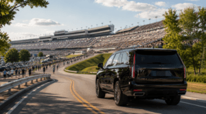 Car service arriving at Charlotte Motor Speedway on NASCAR race weekend