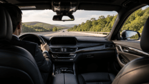 Interior of a Krownkey black car service vehicle en route to Charlotte Motor Speedway