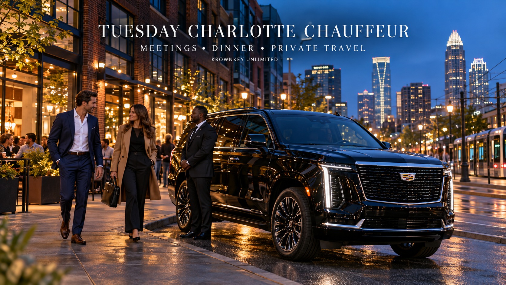 Black Cadillac Escalade with Krownkey Unlimited chauffeur and business professionals arriving in Charlotte’s South End after Tuesday meetings.