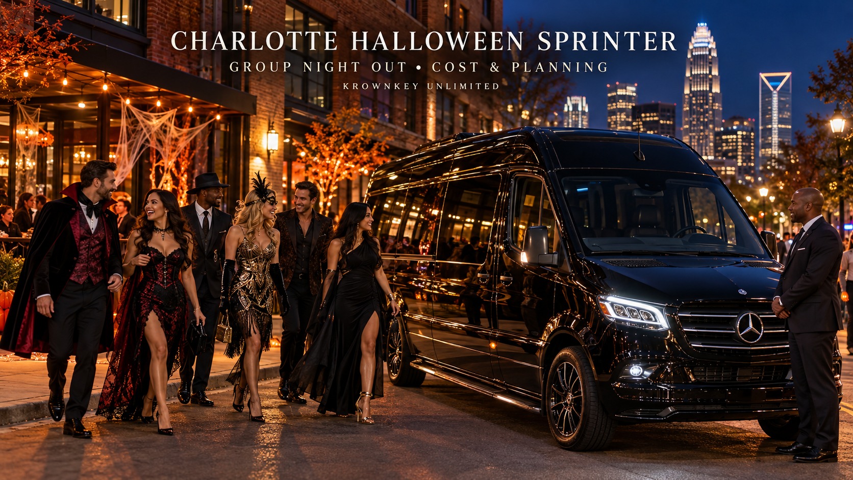 Black Mercedes-Benz Sprinter with Krownkey Unlimited chauffeur and friends dressed for a Halloween night out in Charlotte’s South End.