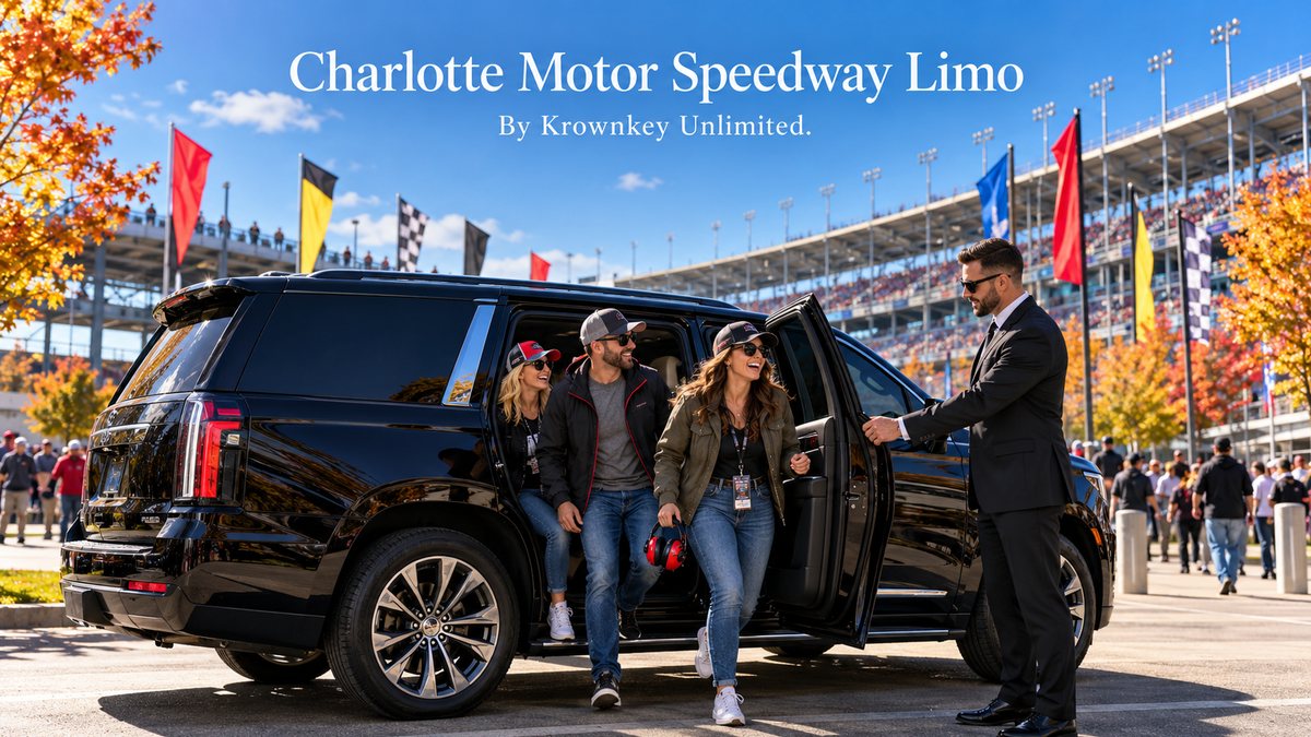 Charlotte Motor Speedway limo with a black luxury SUV and chauffeur greeting race fans near a large speedway grandstand on a sunny autumn afternoon