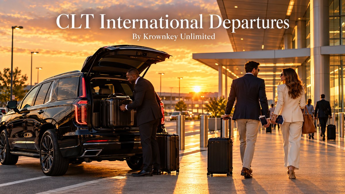 CLT international departures with a black luxury SUV and chauffeur unloading large suitcases at the Charlotte airport departures curb at sunset