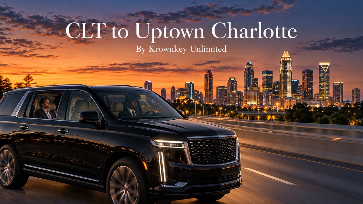 CLT to Uptown Charlotte in a black luxury SUV driving toward the Charlotte skyline at dusk with a chauffeur at the wheel