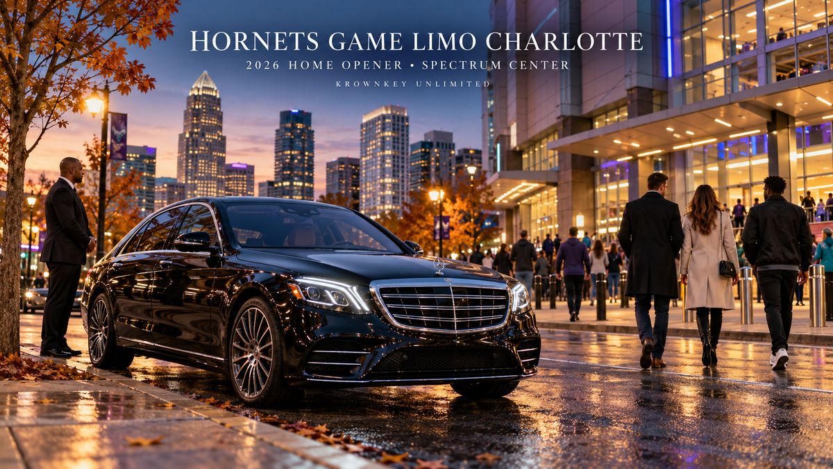 Latest-generation black Mercedes-Benz S-Class near Spectrum Center in Uptown Charlotte for a Hornets home opener, representing Krownkey Unlimited game-night limo service.