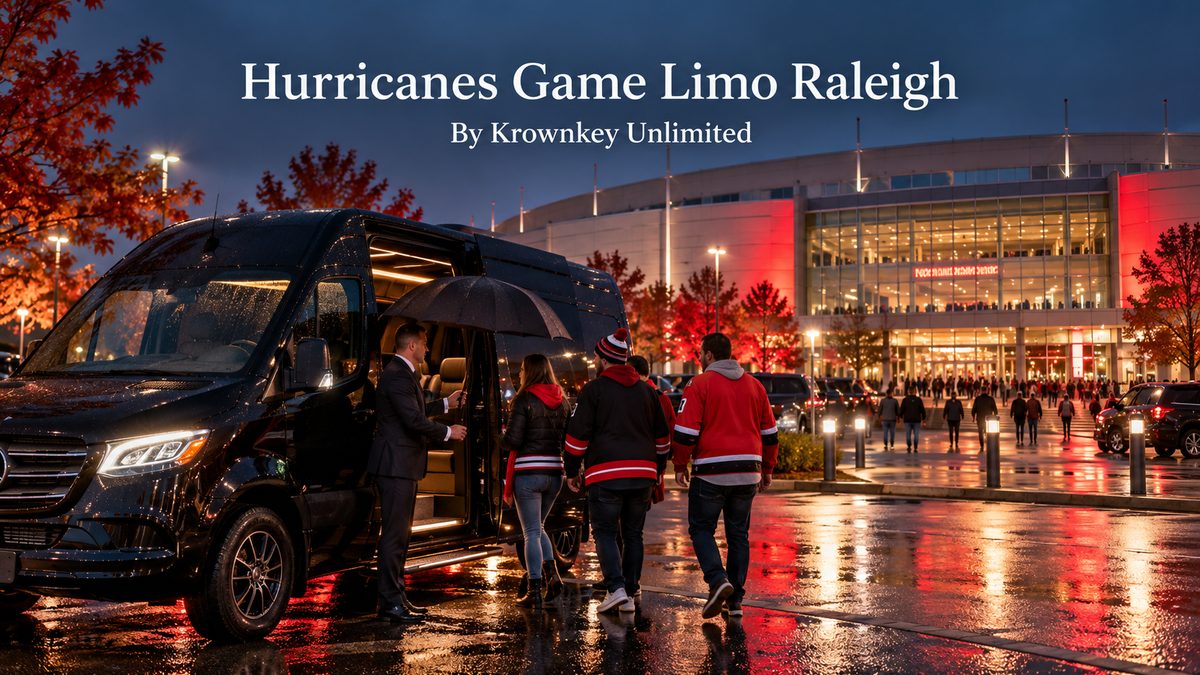 Hurricanes game limo Raleigh with a black Mercedes-Benz Sprinter and chauffeur welcoming hockey fans in red outside a lit arena on a rainy evening
