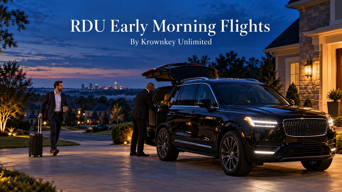 RDU early morning flights with a black luxury SUV and chauffeur loading luggage outside a suburban home before sunrise